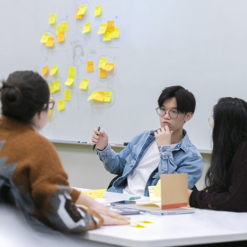 Students sitting at a table having a discussion, in front of a whiteboard with writing and stickie notes