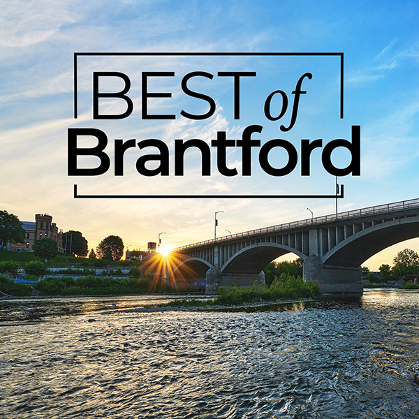 Best of Brantford text against a scene of the Lorne Bridge spanning the Grand River