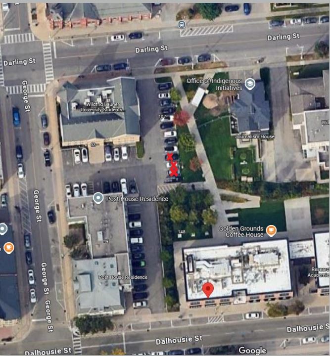 The map outlines the three spaces that will be closed in the Gold Permit RAC parking lot at 150 Dalhousie Street on Tuesday, September 16, 2025.