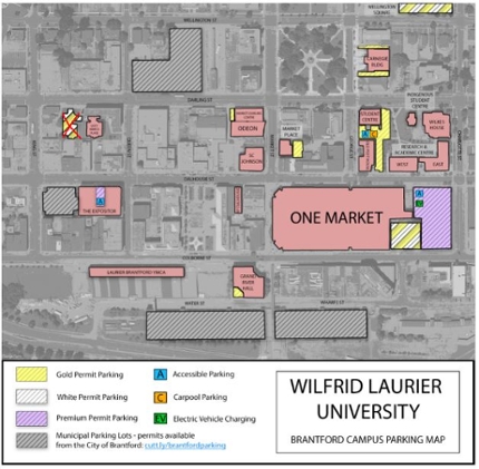 The map below provides alternate parking locations for Grand River Hall Permit Users