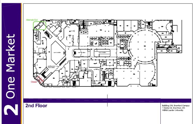 The image below summarizes the closed exit on the North West corner of One Market as well as the alternative exit on the North West corner of the building. 