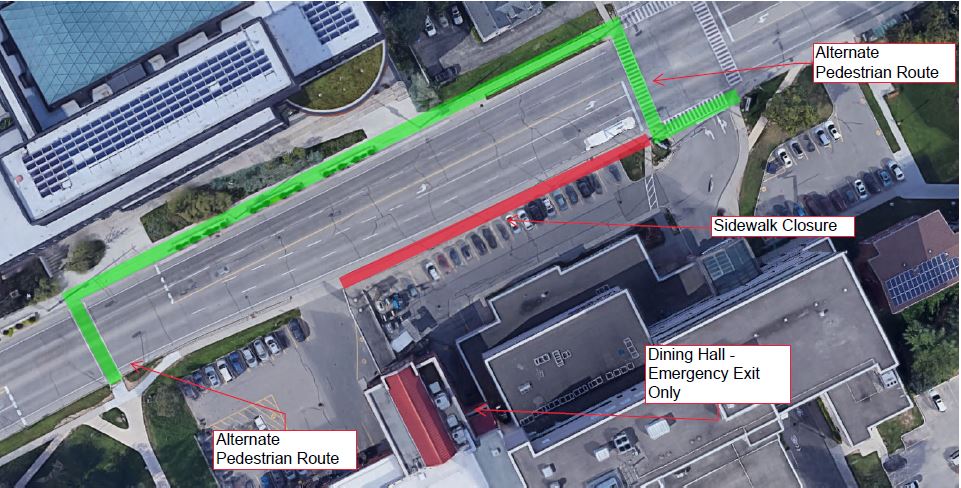 pedestrial walkway closure at John Aird Buidling