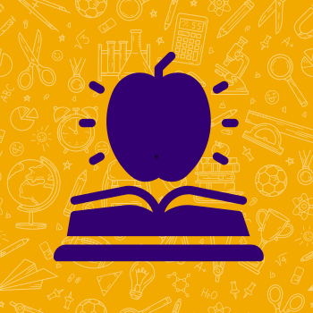 Graphic of a purple apple and book on a gold background.