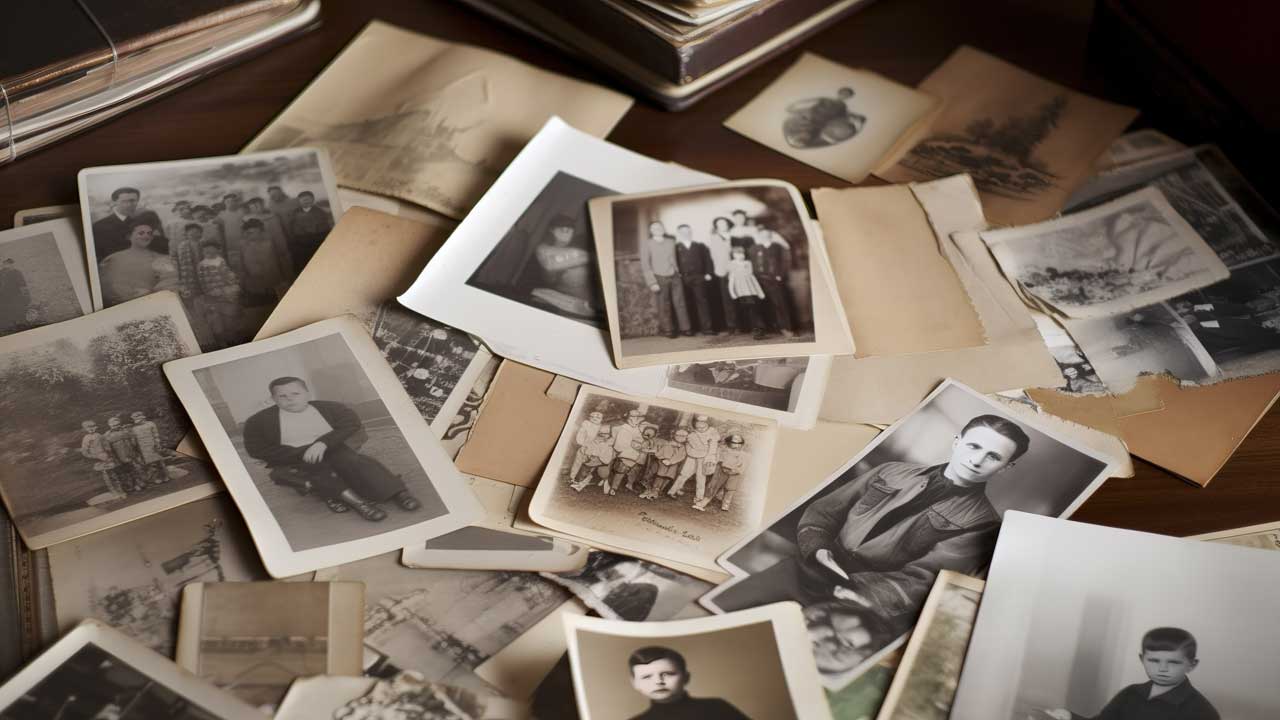 pile of old photographs on a table